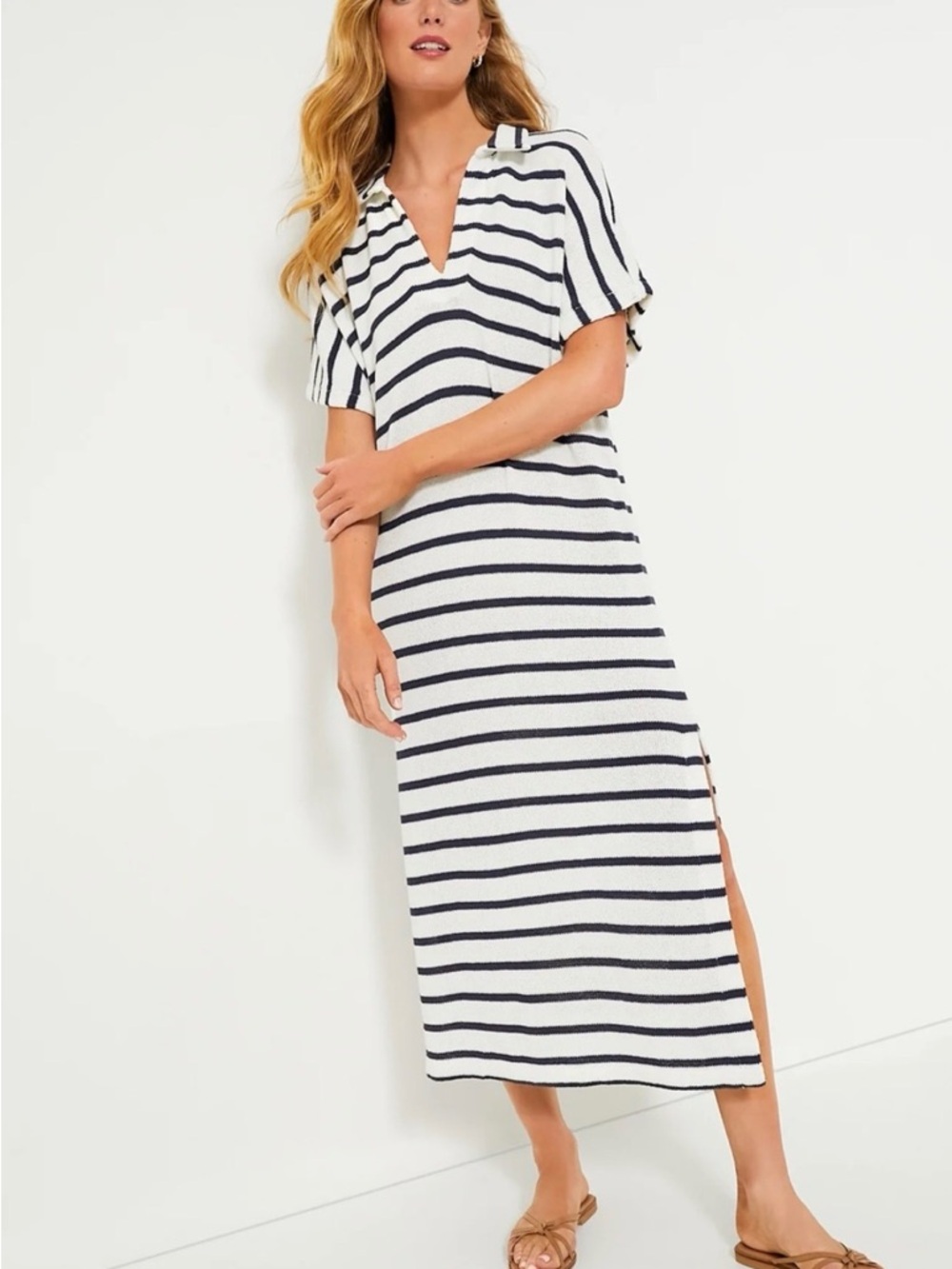 Pomander Place Striped Midi Knit Dress in White and Navy Stripe